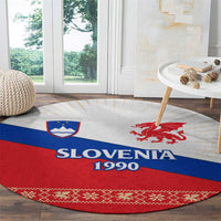 Slovenian Independence Round Carpet 1990 Tribute with Dragon Emblem and Alpine Legacy