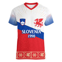 Slovenian Independence Women V-Neck T-Shirt 1990 Tribute with Dragon Emblem and Alpine Legacy