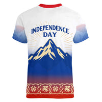 Slovenian Independence Women V-Neck T-Shirt 1990 Tribute with Dragon Emblem and Alpine Legacy