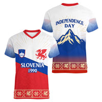 Slovenian Independence Women V-Neck T-Shirt 1990 Tribute with Dragon Emblem and Alpine Legacy