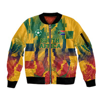Personalized South Africa Football Sleeve Zip Bomber Jacket South African Flag Inspiration - Soccer Graphic Bold Color Blocks