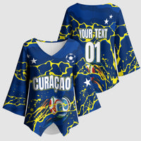 Personalized Curacao Football Kimono Sleeve Blouse Caribbean Splash Paint Soccer Graphic