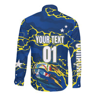 Personalized Curacao Football Long Sleeve Button Shirt Caribbean Splash Paint Soccer Graphic