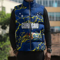 Personalized Curacao Football Sleeveless Puffer Jacket Caribbean Splash Paint Soccer Graphic