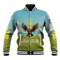 Mongolia Baseball Jacket with Eagle Map Eternal Blue Sky Steppe Spirit