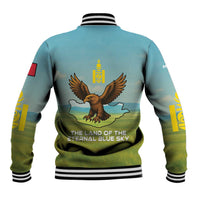 Mongolia Baseball Jacket with Eagle Map Eternal Blue Sky Steppe Spirit
