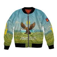 Mongolia Bomber Jacket with Eagle Map Eternal Blue Sky Steppe Spirit