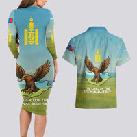 Mongolia Couples Matching Long Sleeve Bodycon Dress and Hawaiian Shirt with Eagle Map Eternal Blue Sky Steppe Spirit
