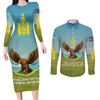 Mongolia Couples Matching Long Sleeve Bodycon Dress and Long Sleeve Button Shirt with Eagle Map Eternal Blue Sky Steppe Spirit