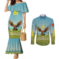 Mongolia Couples Matching Mermaid Dress and Long Sleeve Button Shirt with Eagle Map Eternal Blue Sky Steppe Spirit