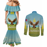 Mongolia Couples Matching Mermaid Dress and Long Sleeve Button Shirt with Eagle Map Eternal Blue Sky Steppe Spirit