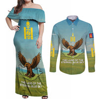 Mongolia Couples Matching Off Shoulder Maxi Dress and Long Sleeve Button Shirt with Eagle Map Eternal Blue Sky Steppe Spirit