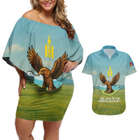 Mongolia Couples Matching Off Shoulder Short Dress and Hawaiian Shirt with Eagle Map Eternal Blue Sky Steppe Spirit
