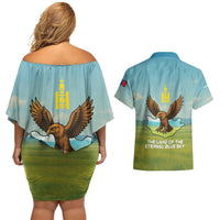 Mongolia Couples Matching Off Shoulder Short Dress and Hawaiian Shirt with Eagle Map Eternal Blue Sky Steppe Spirit