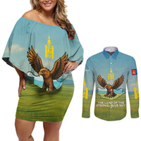Mongolia Couples Matching Off Shoulder Short Dress and Long Sleeve Button Shirt with Eagle Map Eternal Blue Sky Steppe Spirit