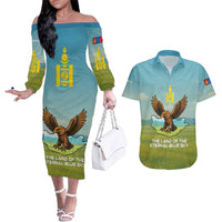 Mongolia Couples Matching Off The Shoulder Long Sleeve Dress and Hawaiian Shirt with Eagle Map Eternal Blue Sky Steppe Spirit