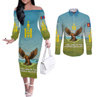 Mongolia Couples Matching Off The Shoulder Long Sleeve Dress and Long Sleeve Button Shirt with Eagle Map Eternal Blue Sky Steppe Spirit