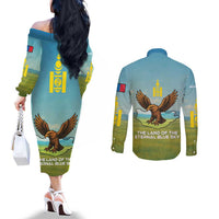 Mongolia Couples Matching Off The Shoulder Long Sleeve Dress and Long Sleeve Button Shirt with Eagle Map Eternal Blue Sky Steppe Spirit