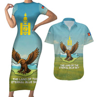 Mongolia Couples Matching Short Sleeve Bodycon Dress and Hawaiian Shirt with Eagle Map Eternal Blue Sky Steppe Spirit