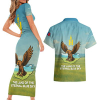 Mongolia Couples Matching Short Sleeve Bodycon Dress and Hawaiian Shirt with Eagle Map Eternal Blue Sky Steppe Spirit