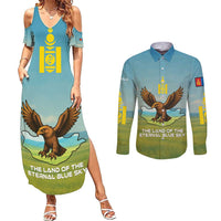 Mongolia Couples Matching Summer Maxi Dress and Long Sleeve Button Shirt with Eagle Map Eternal Blue Sky Steppe Spirit