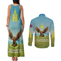 Mongolia Couples Matching Tank Maxi Dress and Long Sleeve Button Shirt with Eagle Map Eternal Blue Sky Steppe Spirit