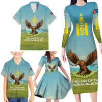 Mongolia Family Matching Long Sleeve Bodycon Dress and Hawaiian Shirt with Eagle Map Eternal Blue Sky Steppe Spirit