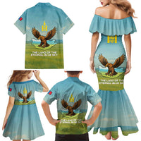 Mongolia Family Matching Mermaid Dress and Hawaiian Shirt with Eagle Map Eternal Blue Sky Steppe Spirit