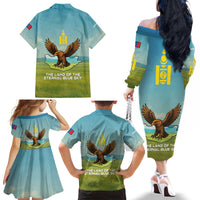 Mongolia Family Matching Off The Shoulder Long Sleeve Dress and Hawaiian Shirt with Eagle Map Eternal Blue Sky Steppe Spirit