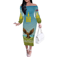 Mongolia Family Matching Off The Shoulder Long Sleeve Dress and Hawaiian Shirt with Eagle Map Eternal Blue Sky Steppe Spirit
