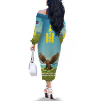 Mongolia Family Matching Off The Shoulder Long Sleeve Dress and Hawaiian Shirt with Eagle Map Eternal Blue Sky Steppe Spirit