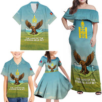 Mongolia Family Matching Off Shoulder Maxi Dress and Hawaiian Shirt with Eagle Map Eternal Blue Sky Steppe Spirit