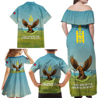 Mongolia Family Matching Off Shoulder Maxi Dress and Hawaiian Shirt with Eagle Map Eternal Blue Sky Steppe Spirit
