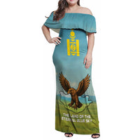 Mongolia Family Matching Off Shoulder Maxi Dress and Hawaiian Shirt with Eagle Map Eternal Blue Sky Steppe Spirit