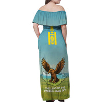 Mongolia Family Matching Off Shoulder Maxi Dress and Hawaiian Shirt with Eagle Map Eternal Blue Sky Steppe Spirit