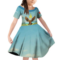 Mongolia Family Matching Off Shoulder Short Dress and Hawaiian Shirt with Eagle Map Eternal Blue Sky Steppe Spirit