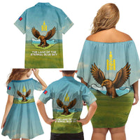 Mongolia Family Matching Off Shoulder Short Dress and Hawaiian Shirt with Eagle Map Eternal Blue Sky Steppe Spirit