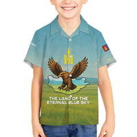 Mongolia Family Matching Off Shoulder Short Dress and Hawaiian Shirt with Eagle Map Eternal Blue Sky Steppe Spirit
