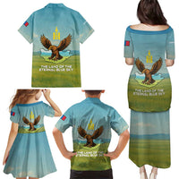 Mongolia Family Matching Puletasi and Hawaiian Shirt with Eagle Map Eternal Blue Sky Steppe Spirit