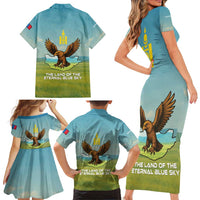 Mongolia Family Matching Short Sleeve Bodycon Dress and Hawaiian Shirt with Eagle Map Eternal Blue Sky Steppe Spirit