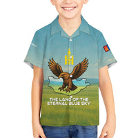 Mongolia Family Matching Short Sleeve Bodycon Dress and Hawaiian Shirt with Eagle Map Eternal Blue Sky Steppe Spirit