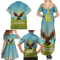 Mongolia Family Matching Summer Maxi Dress and Hawaiian Shirt with Eagle Map Eternal Blue Sky Steppe Spirit