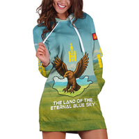 Mongolia Hoodie Dress with Eagle Map Eternal Blue Sky Steppe Spirit