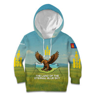 Mongolia Kid Hoodie with Eagle Map Eternal Blue Sky Steppe Spirit