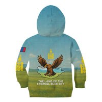 Mongolia Kid Hoodie with Eagle Map Eternal Blue Sky Steppe Spirit