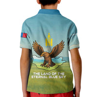 Mongolia Kid Polo Shirt with Eagle Map Eternal Blue Sky Steppe Spirit