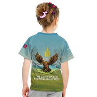 Mongolia Kid T Shirt with Eagle Map Eternal Blue Sky Steppe Spirit