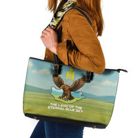 Mongolia Leather Tote Bag with Eagle Map Eternal Blue Sky Steppe Spirit