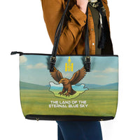 Mongolia Leather Tote Bag with Eagle Map Eternal Blue Sky Steppe Spirit