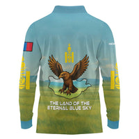 Mongolia Long Sleeve Polo Shirt with Eagle Map Eternal Blue Sky Steppe Spirit